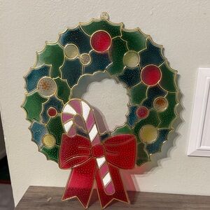 Vtg 70s Christmas Wreath 10" Plastic Stained Glass Window Decoration Pre Owned